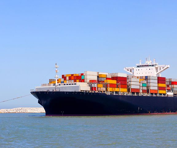 Aerial view of freight ship with containers